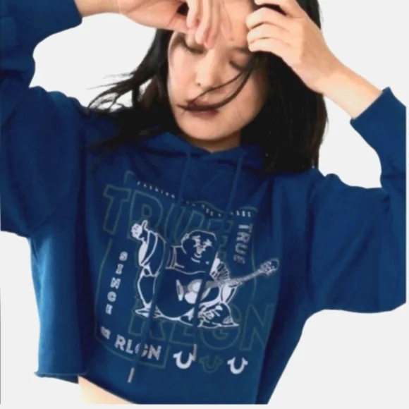 NWT True Religion Crystal Buddha Logo Cropped Hoodie XL - Picture 1 of 5